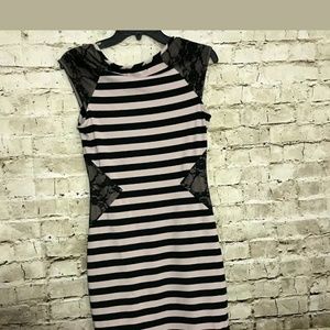 Monteau Sleeveless Striped Black Crm Lace Dress M